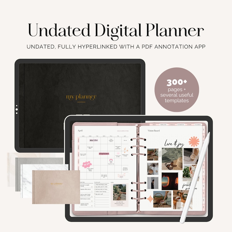 Puede incluir: Un planificador digital en una tableta con una cubierta rosa y dorada. El planificador est&aacute; abierto en una p&aacute;gina de calendario mensual y una p&aacute;gina de tablero de visi&oacute;n. El texto "my planner" es visible en la cubierta del planificador. El texto "300+ p&aacute;ginas + varias plantillas &uacute;tiles" es visible en un c&iacute;rculo rosa.