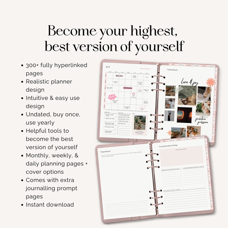 Puede incluir: Una agenda rosa con un calendario mensual, un tablero de visi&oacute;n y una p&aacute;gina para establecer intenciones anuales. La agenda tiene una cita que dice "Convi&eacute;rtete en tu mejor versi&oacute;n".