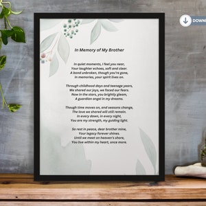 Poème pour frère décédé, en mémoire d'un frère, poème sincère à la mémoire d'un frère bien-aimé, cadeau de deuil, poème funéraire pour frère