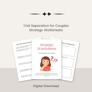 May include: A set of printable worksheets for couples going through a trial separation. The worksheets are designed to help couples set clear expectations, communicate effectively, and navigate the process with clarity and intention. The worksheets feature a cartoon illustration of a woman with question marks above her head.