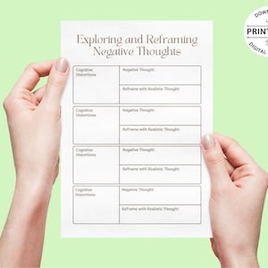 Negative Thoughts Exploring and Reframing Worksheet, Cognitive Restructuring, Thought Pattern Transformation, Self-Improvement, CBT, Therapy