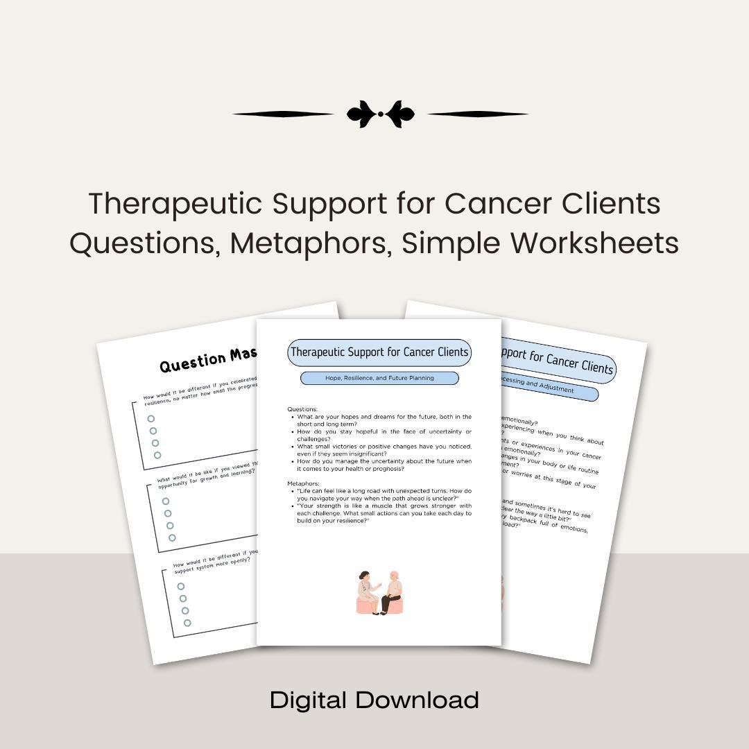 Cancer Client Therapy Worksheets: Questions, Metaphors (A4/US Letter ...