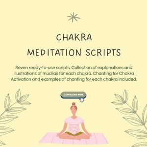 Może przedstawiać: Cyfrowa ilustracja osoby medytującej na jasnoróżowej macie na tle zielonych liści. Na górze obrazu widnieje tekst "CHAKRA MEDITATION SCRIPTS". Nad głową osoby znajduje się przycisk z tekstem "DOWNLOAD NOW".