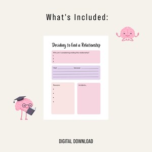 Puede incluir: Una hoja de trabajo imprimible con un esquema de color rosa y morado, titulada "Decidir terminar una relaci&oacute;n". La hoja de trabajo incluye indicaciones para ayudarte a identificar las razones para terminar una relaci&oacute;n y enumerar los incidentes que han ocurrido. La hoja de trabajo est&aacute; ilustrada con cerebros de dibujos animados.