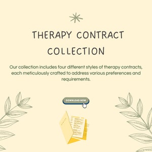 Puede incluir: Un fondo beige con una estrella verde y el texto "THERAPY CONTRACT COLLECTION". Debajo del texto hay una descripción de una colección de contratos de terapia. Un botón amarillo con el texto "DOWNLOAD NOW" está en la parte inferior de la imagen.