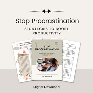 Op de afbeelding: Een digitaal downloadbaar werkboek met de titel "Stop Procrastination: Strategieën om de productiviteit te verhogen". De omslag toont een man die aan een bureau zit met een laptop en een telefoon, die er gestrest uitziet. Het werkboek is ontworpen om mensen te helpen om uitstelgedrag te overwinnen en hun productiviteit te verhogen.