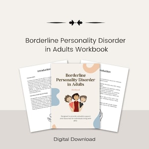 Puede incluir: Un libro de trabajo descargable digitalmente titulado "Borderline Personality Disorder in Adults Workbook". La portada presenta una ilustración colorida de tres personas con un fondo azul claro, rosa y melocotón.