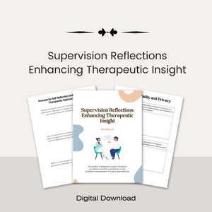Puede incluir: Un libro de trabajo de descarga digital titulado "Supervision Reflections Enhancing Therapeutic Insight" con una ilustración de dibujos animados de dos personas sentadas en sillas y hablando. El libro de trabajo está diseñado para apoyar a los terapeutas, consejeros y otros profesionales en su desarrollo profesional a través de la reflexión guiada.