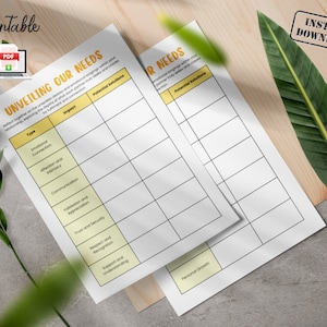 May include: Printable worksheet with the title "Unveiling Our Needs" and "Our Needs". The worksheet is divided into two columns, one for "Type" and the other for "Impact". The "Type" column lists different types of needs, such as "Emotional Connection", "Affection and Intimacy", "Communication", "Validation and Appreciation", "Trust and Security", "Respect and Recognition", and "Support and Understanding". The "Impact" column is blank for the user to fill in. The worksheet is designed to help people reflect on their needs in relationships.