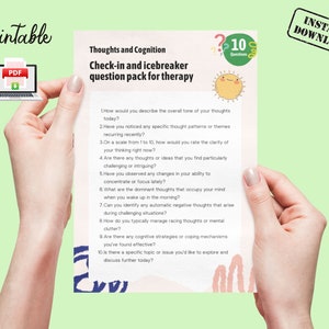 Check-in- en ijsbrekervragenpakket voor therapie, therapievragenkaarten, zelfreflectiedagboekprompts, vragen over therapie-ijsbreker