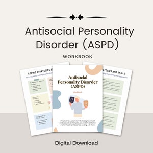 May include: A digital download workbook titled "Antisocial Personality Disorder (ASPD)" with a blue, pink, and peach abstract background. The workbook is designed to support individuals diagnosed with ASPD, as well as therapists, counselors, and other mental health professionals working with them.