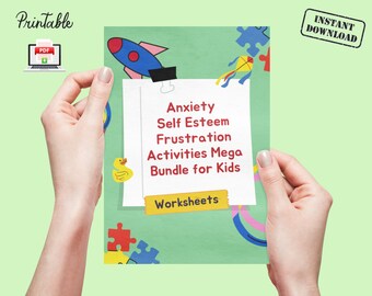 May include: Printable worksheets for kids to help with anxiety, self-esteem, and frustration. The worksheets are part of a mega bundle and are available as a PDF download.