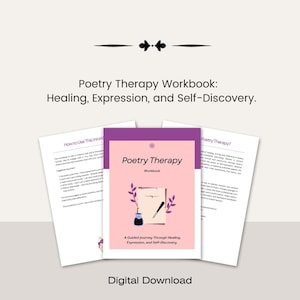 Puede incluir: Descarga digital de un cuaderno de terapia de poesía. La portada es rosa y morada con el título "Poetry Therapy Workbook" y el subtítulo "A Guided Journey Through Healing, Expression, and Self-Discovery."