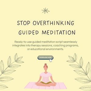 Puede incluir: Una mujer sentada con las piernas cruzadas en una estera rosa, meditando. El fondo es amarillo con un diseño de hojas verdes y el texto "STOP OVERTHINKING GUIDED MEDITATION" y "DOWNLOAD NOW".