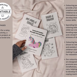 May include: A set of 14 printable coloring pages featuring unicorns and positive messages. The pages include "Go for a Walk", "Take a Break", and "Coping Strategies Through Coloring Pages: Colour Your Way to Calm".