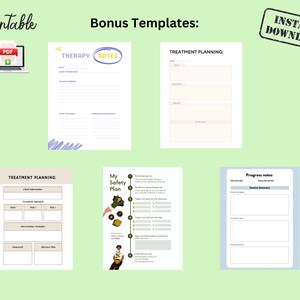 May include: Printable PDF templates for therapy notes, treatment planning, safety plans, and progress notes. The templates feature a light green background with a light blue, purple, and pink color scheme.