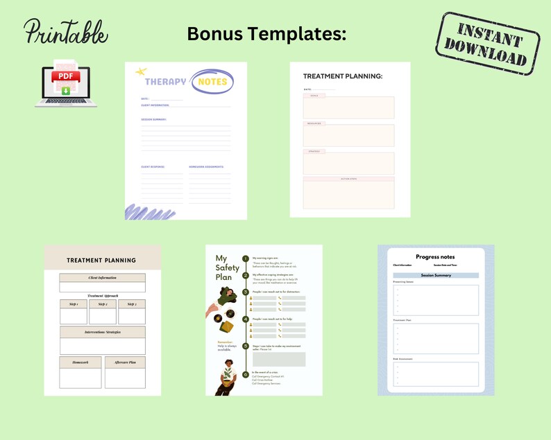 May include: Printable PDF templates for therapy notes, treatment planning, safety plans, and progress notes. The templates feature a light green background with a light blue, purple, and pink color scheme.