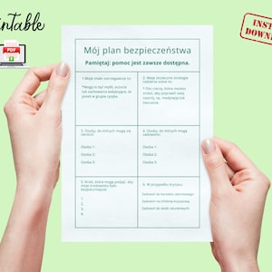 Puede incluir: Una hoja de trabajo de plan de seguridad imprimible en polaco con el título "Mój plan bezpieczeństwa" y el texto "Pamiętaj: pomoc jest zawsze dostępna." La hoja de trabajo está dividida en seis secciones con encabezados en polaco.