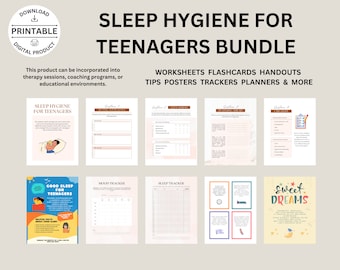 Peut inclure: Un ensemble de ressources imprimables pour les adolescents sur l'hygiène du sommeil. L'ensemble comprend des feuilles de travail, des cartes mémoire, des documents, des conseils, des affiches, des suivis et des planificateurs. Les ressources sont conçues pour aider les adolescents à améliorer leurs habitudes de sommeil et à mieux dormir.