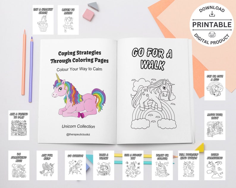 May include: A printable coloring book with a unicorn theme. The cover features a unicorn with a rainbow mane and tail. The book includes coping strategies through coloring pages, with a title that reads "Coping Strategies Through Coloring Pages, Colour Your Way to Calm".