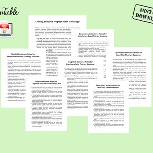 May include: Printable guide with tips for crafting effective progress notes in therapy. The guide includes sections for different types of therapy, such as mindfulness-based, attachment-based, cognitive behavioral, psychoanalytic, and sand play therapy.