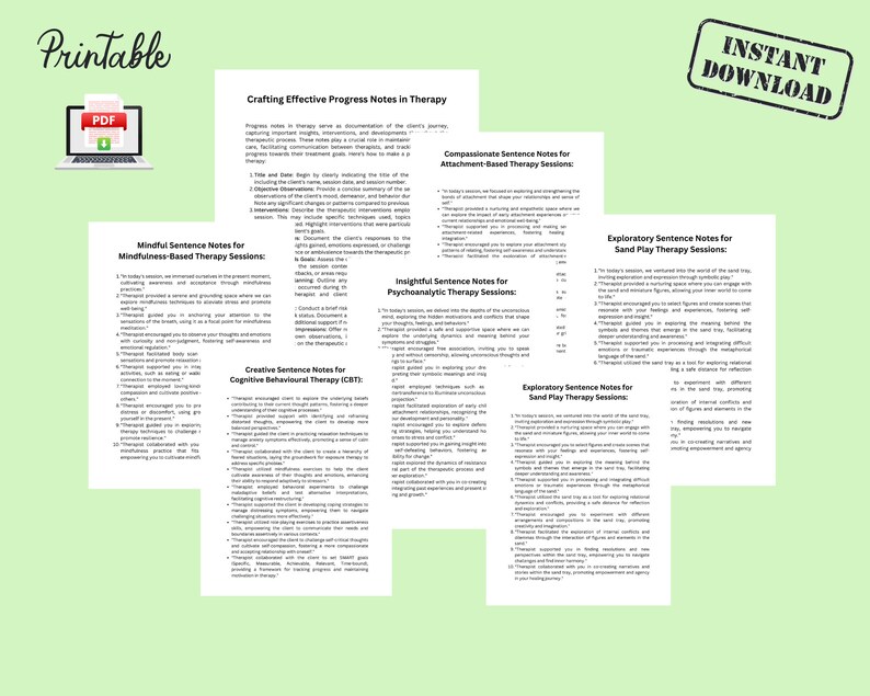 May include: Printable guide with tips for crafting effective progress notes in therapy. The guide includes sections for different types of therapy, such as mindfulness-based, attachment-based, cognitive behavioral, psychoanalytic, and sand play therapy.
