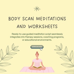 Może przedstawiać: Żółte tło z ozdobną gwiazdą u góry. Tekst "BODY SCAN MEDITATIONS AND WORKSHEETS" jest czarny. Pod tekstem znajduje się opis produktu: "Ready-to-use guided meditation script seamlessly integrates into therapy sessions, coaching programs, or educational environments." Niebieski przycisk z tekstem "DOWNLOAD NOW" znajduje się u góry obrazu. Kobieta siedzi w pozycji lotosu na różowej macie. Ma na sobie białą koszulę z brązowo-białą spódnicą w paski. Kobieta ma brązowe włosy związane w kok.