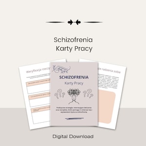 Puede incluir: Una descarga digital para un libro de trabajo titulado "Esquizofrenia: Karty Pracy" con un fondo rosa claro y una ilustración en blanco y negro de una persona con signos de interrogación alrededor de su cabeza. El texto "Praktyczne strategie, interesujące ćwiczenia oraz narzędzia, które pomogą Ci zmierzyć się z wyzwaniami życia ze schizofrenią." está debajo de la ilustración.