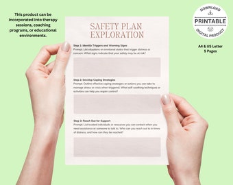 May include: A printable safety plan exploration worksheet with three steps: Identify Triggers and Warning Signs, Develop Coping Strategies, and Reach Out for Support. The worksheet is designed to help individuals develop a safety plan to manage stress and crisis.