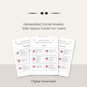 Tarjetas de espacio seguro para la ansiedad social generalizada en adolescentes, kit de herramientas para la ansiedad social en adolescentes, conexión a tierra, apoyo terapéutico, herramientas sensoriales, terapia cognitivo conductual.