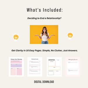 Puede incluir: Una gu&iacute;a digital descargable para terminar una relaci&oacute;n. La gu&iacute;a incluye cuatro hojas de trabajo: Decidir terminar una relaci&oacute;n, Evaluaci&oacute;n de la relaci&oacute;n, Plan de acci&oacute;n y Tomar la decisi&oacute;n. Las hojas de trabajo est&aacute;n sobre un fondo rosa claro con texto negro y acentos coloridos.