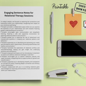 May include: Printable worksheet with a list of engaging sentence notes for relational therapy sessions. The notes are written in a light gray font on a white background. The worksheet is titled "Engaging Sentence Notes for Relational Therapy Sessions:" and is accompanied by a red heart graphic and the words "Printable" and "Instant Download".