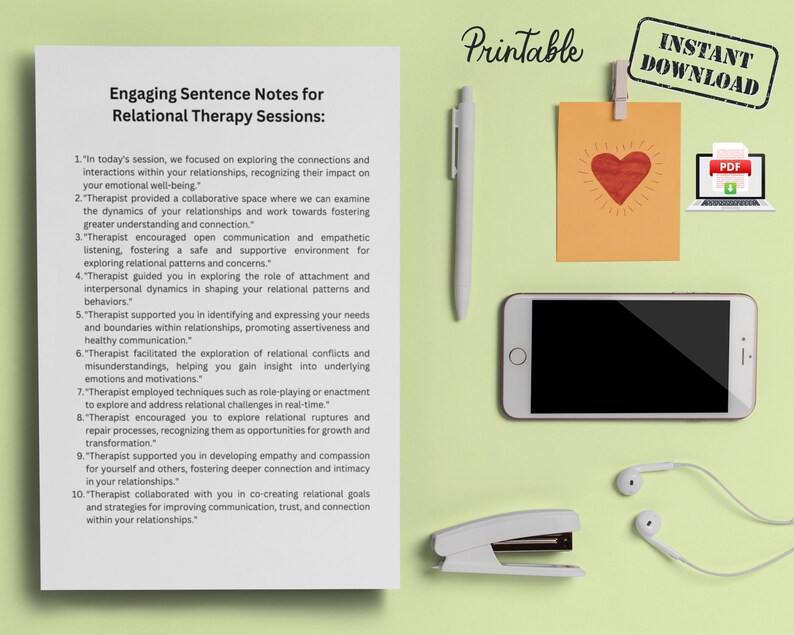 May include: Printable worksheet with a list of engaging sentence notes for relational therapy sessions. The notes are written in a light gray font on a white background. The worksheet is titled "Engaging Sentence Notes for Relational Therapy Sessions:" and is accompanied by a red heart graphic and the words "Printable" and "Instant Download".