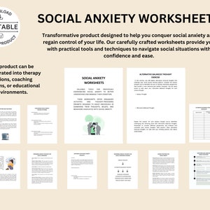 May include: A collection of printable worksheets titled "Social Anxiety Worksheets." The image includes the text "Download Printable Digital Product." The worksheets are designed to help individuals understand and manage their social anxiety.