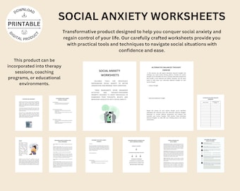 Op de afbeelding: Een verzameling afdrukbare werkbladen met de titel "Social Anxiety Worksheets". De afbeelding bevat de tekst "Download Printable Digital Product". De werkbladen zijn ontworpen om individuen te helpen hun sociale angst te begrijpen en te beheersen.