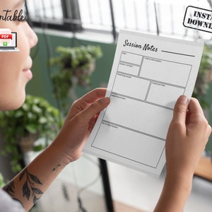 May include: Printable Session Notes template with sections for date, client information, presenting issues, treatment plan, session summary, and plan for next session.