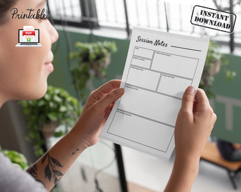 May include: Printable Session Notes template with sections for date, client information, presenting issues, treatment plan, session summary, and plan for next session.
