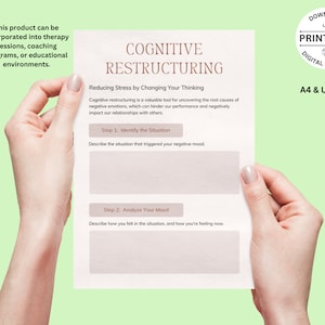 May include: Printable worksheet for cognitive restructuring, a technique for managing stress by changing negative thoughts. The worksheet includes two steps: Identify the Situation and Analyze Your Mood. It is available in A4 and US Letter sizes.