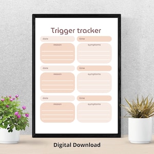 May include: Printable trigger tracker with three sections for date, time, reason, and symptoms. The tracker is designed to help track triggers and symptoms.