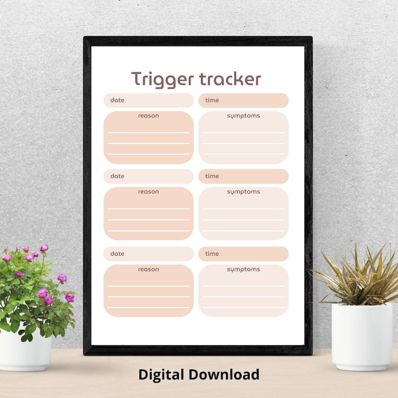 May include: Printable trigger tracker with three sections for date, time, reason, and symptoms. The tracker is designed to help track triggers and symptoms.