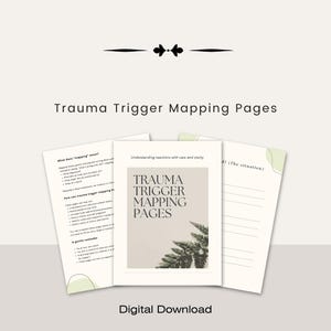 Puede incluir: Descarga digital de páginas de mapeo de desencadenantes de trauma. Las páginas son blancas con texto y un gráfico de helecho. El título está en una fuente serif. Las páginas están diseñadas para ayudar a comprender las reacciones con cuidado y claridad.