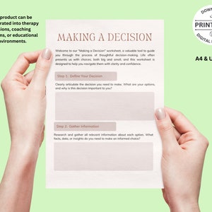 Puede incluir: Una hoja de trabajo imprimible titulada "Tomar una decisión" con dos secciones: "Definir tu decisión" y "Recopilar información". La hoja de trabajo está diseñada para ayudar con la toma de decisiones.