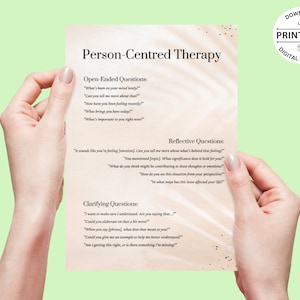May include: A printable worksheet with a peach background and black text. The worksheet is titled "Person-Centred Therapy" and includes three sections: "Open-Ended Questions", "Reflective Questions", and "Clarifying Questions". Each section lists a series of questions to help guide a conversation.