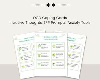 May include: A set of three white cards with green accents, featuring text and illustrations related to OCD coping strategies. The cards are labeled "OCD Coping Cards" and include prompts for intrusive thoughts, ERP, and anxiety tools. The words "Digital Download" are at the bottom.