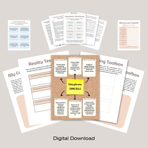 May include: A digital download of printable worksheets and checklists for coping skills for schizophrenia. The worksheets include tips for reality testing, deep breathing, creating a daily routine, engaging in physical activity, keeping a journal, reaching out to supportive friends and family, and focusing on the present moment through mindfulness meditation.