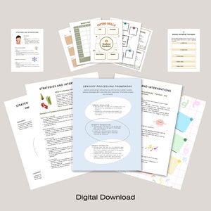 May include: A digital download of printable worksheets for sensory processing. The worksheets include a sensory processing framework, coping skills, sensory grounding techniques, and strategies and interventions. The worksheets are colorful and feature illustrations.
