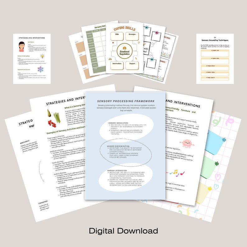 May include: A digital download of printable worksheets for sensory processing. The worksheets include a sensory processing framework, coping skills, sensory grounding techniques, and strategies and interventions. The worksheets are colorful and feature illustrations.