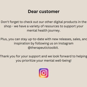 May include: A text-based image with a message to customers about digital products and mental health resources. The image includes the Instagram logo and the handle @therapeutictoolkit.