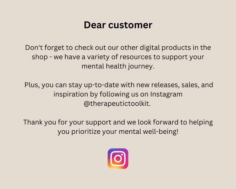 May include: A text-based image with a message to customers about digital products and mental health resources. The image includes the Instagram logo and the handle @therapeutictoolkit.