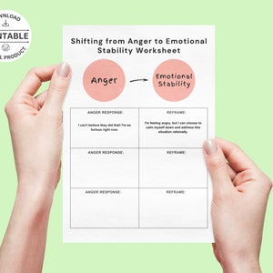 Anger Worksheet, Shifting from Anger to Emotional Stability Worksheet, Overcoming Anger, Individual Self-Help, Therapy Resource, Counselling
